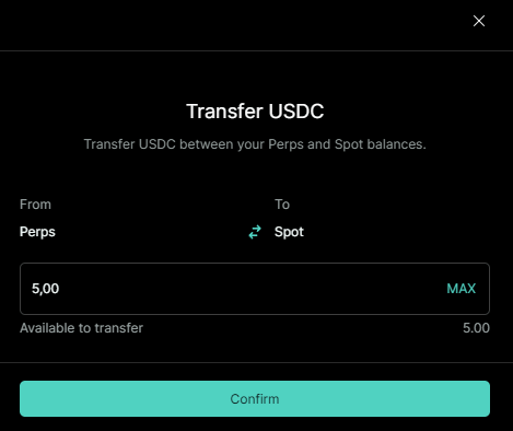 HyperliquidでUSDCをPerpsからSpotに移動する画面